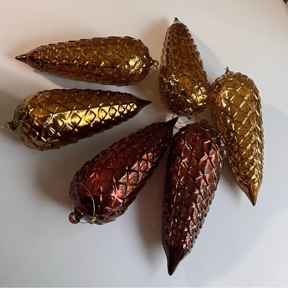 ▪️6 VINTAGE LARGE BLOWN BRONCE AMBER GLASS ORNAMENT PINE CONE
